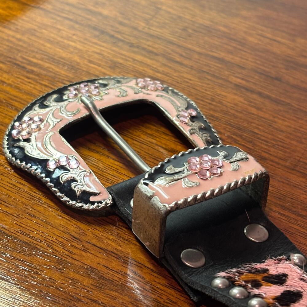 Y2K Pink Leopard Rhinestone Western Belt Studded Heavy Metal Buckle Cowgirl 41" - Picture 7 of 9